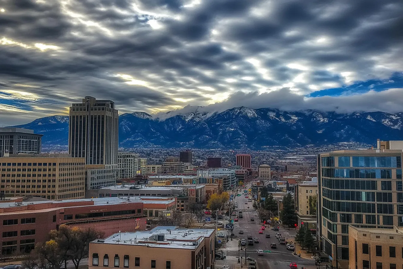 A graphic depicting the walkable streets of downtown Colorado Springs on a winter day.