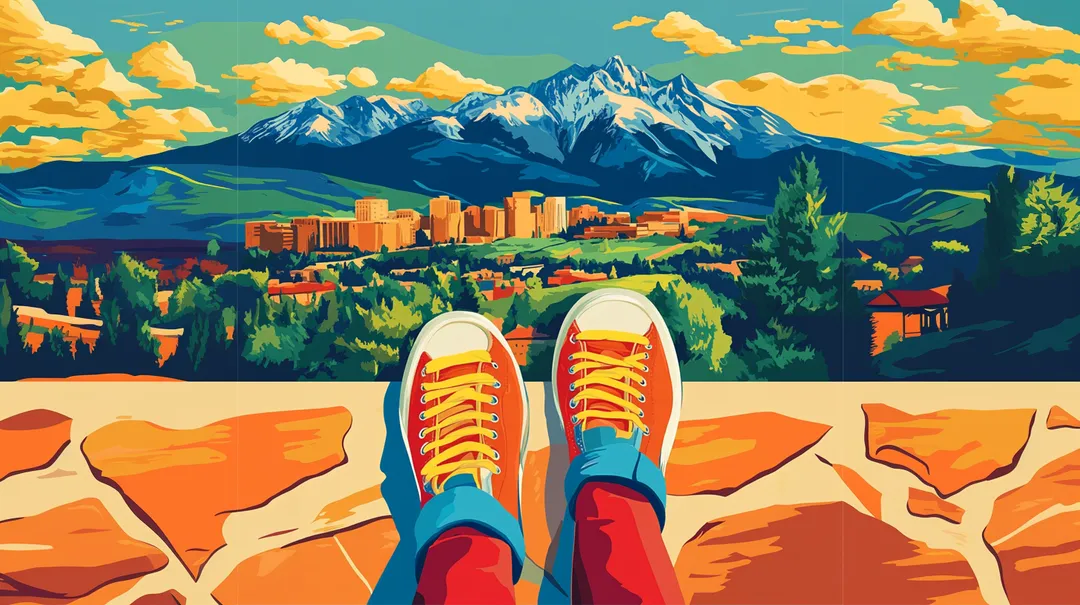 An animation of a person resting their feet overlooking Colorado Springs after a day of walking.