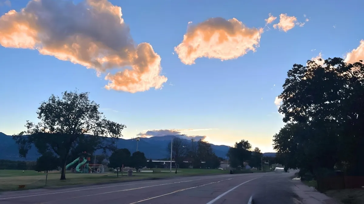 Pikes Peak seen from Patrician Way at sunset on 9-17-2024.