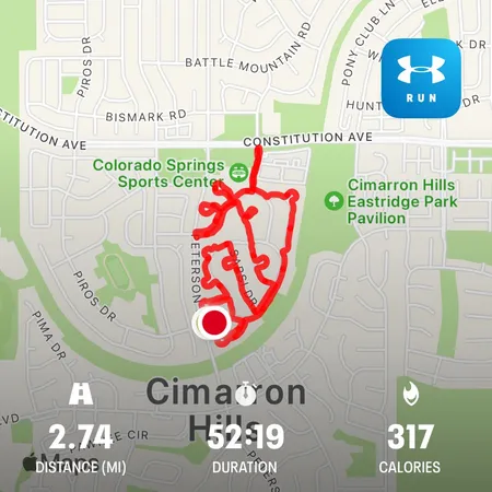 A map recording of a walk of 2.74 miles in the Cimarron Hills neighborhood of Colorado Springs.